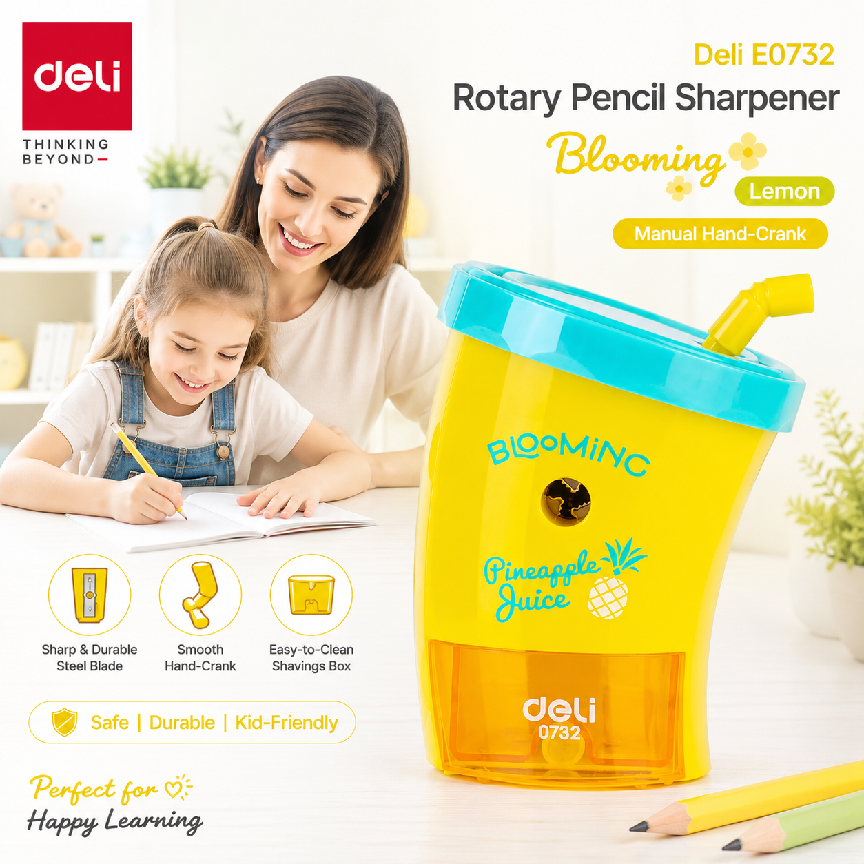 Deli Blooming Lemon manual hand-crank rotary pencil sharpener