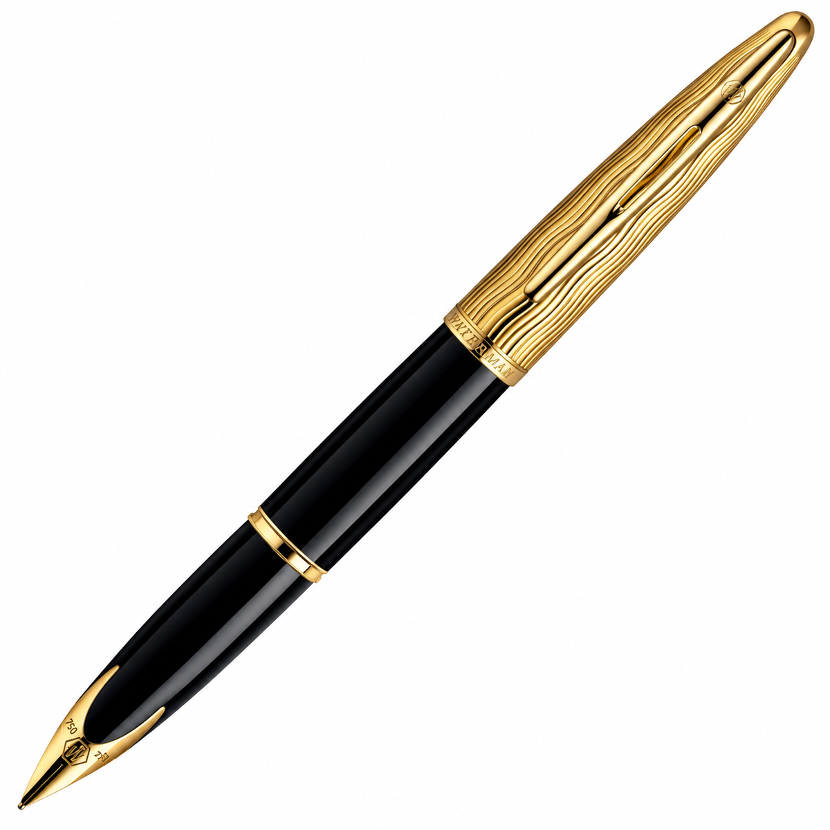Waterman Carène Essential Fountain Pen – Black with Gold Trim (18K Gold Fine Nib)