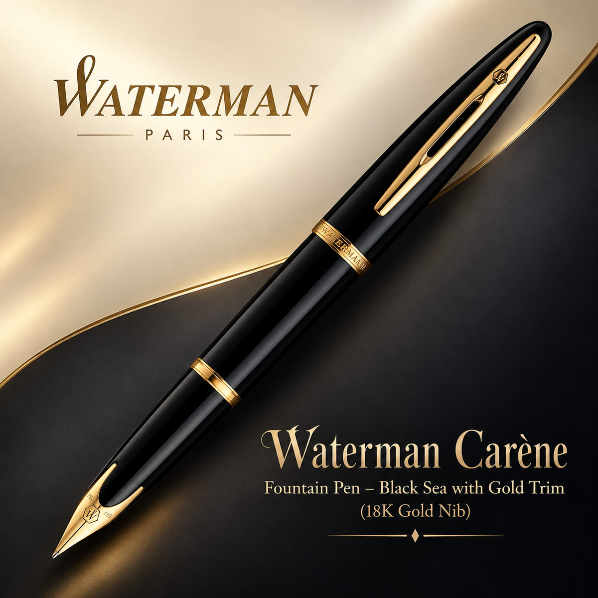 Waterman Carène Fountain Pen – Black Sea with Gold Trim (18K Gold Nib)