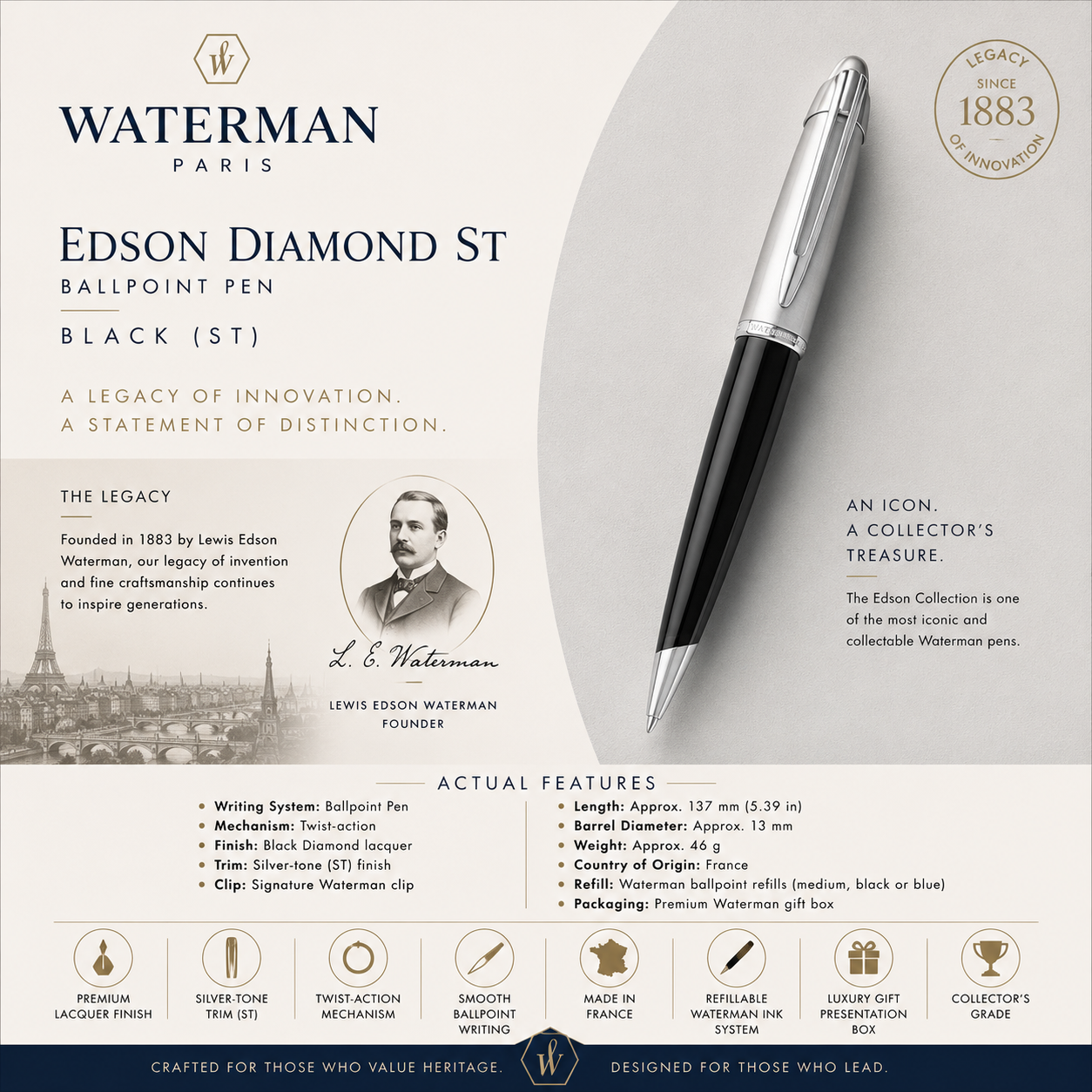 Waterman Edson Diamond ST Ballpoint Pen – Black (ST)