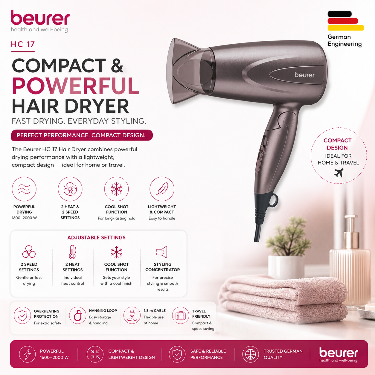 Beurer HC 17 compact hair dryer, powerful blow dryer styling tool