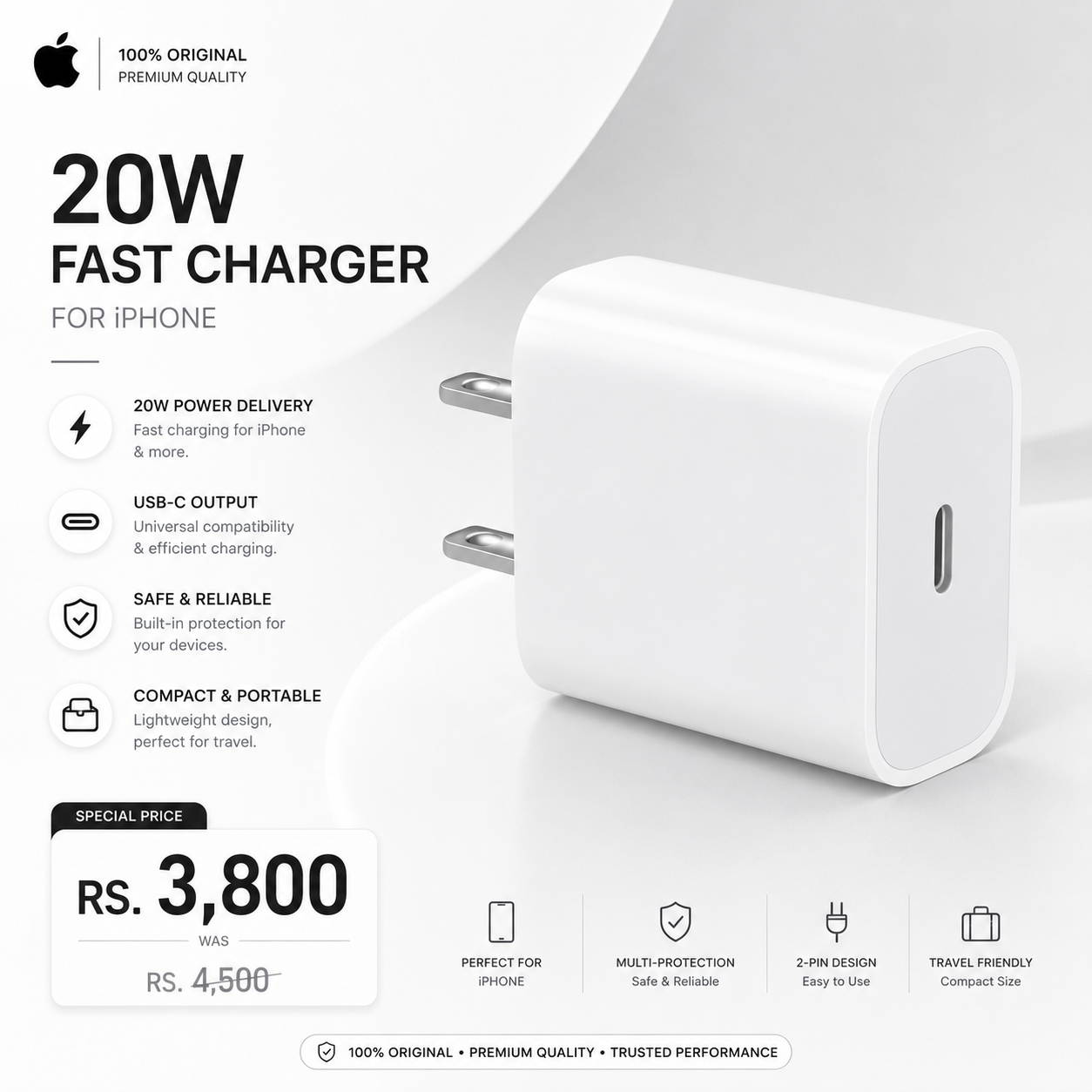 20W Fast Charger for iPhone – 100% Original (2-Pin)