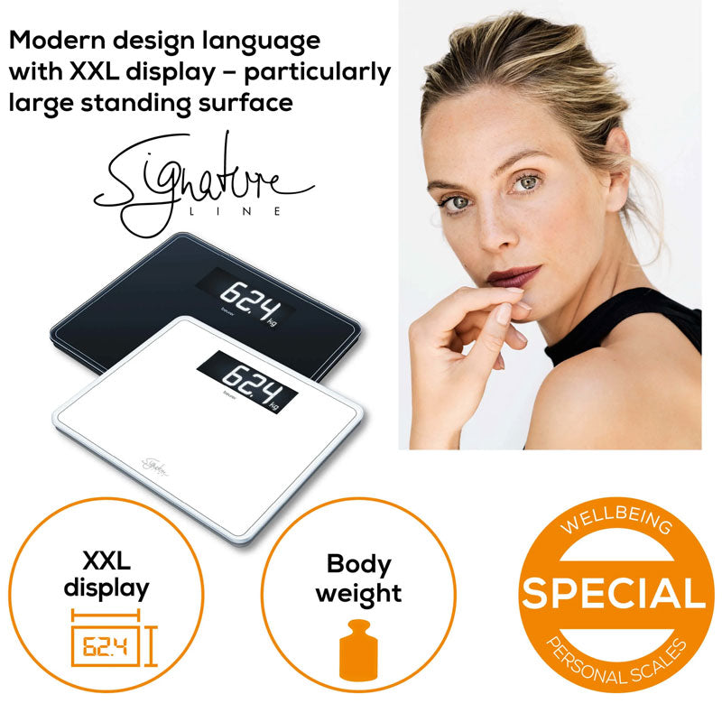 Beurer GS 410 digital glass bathroom scale in black, tempered glass scale, alternate view