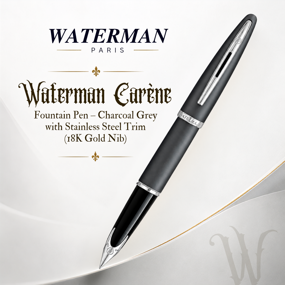 Waterman Carène Fountain Pen – Charcoal Grey with Stainless Steel Trim (18K Gold Nib)