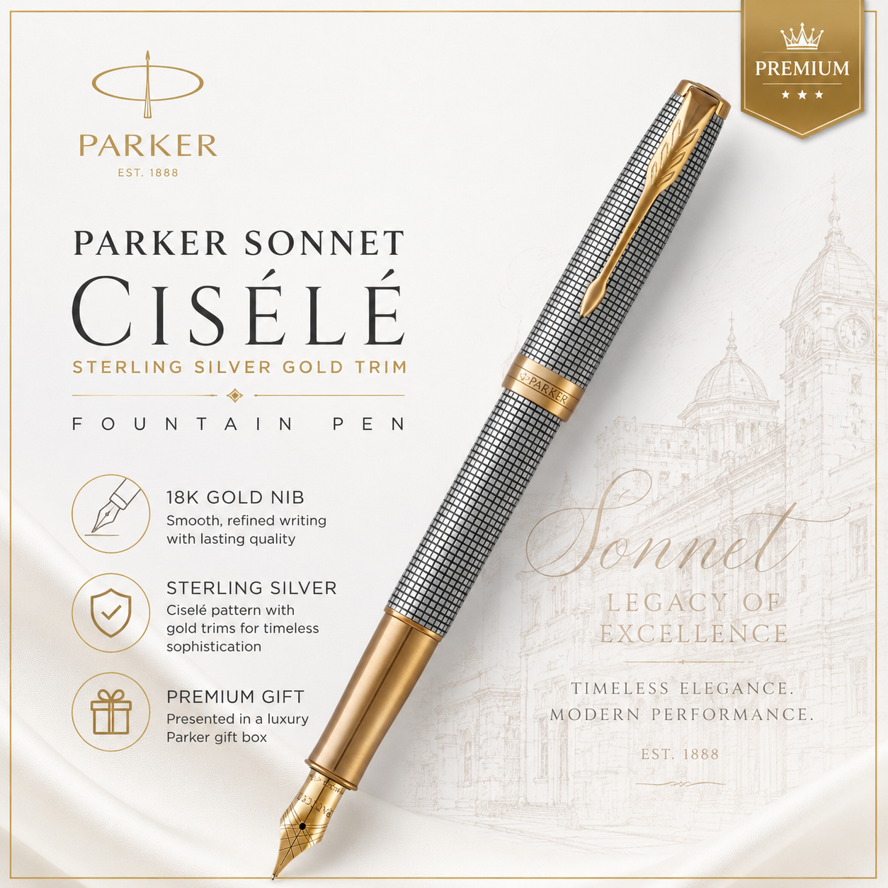 Parker Sonnet Ciselé Sterling Silver Gold Trim Fountain Pen