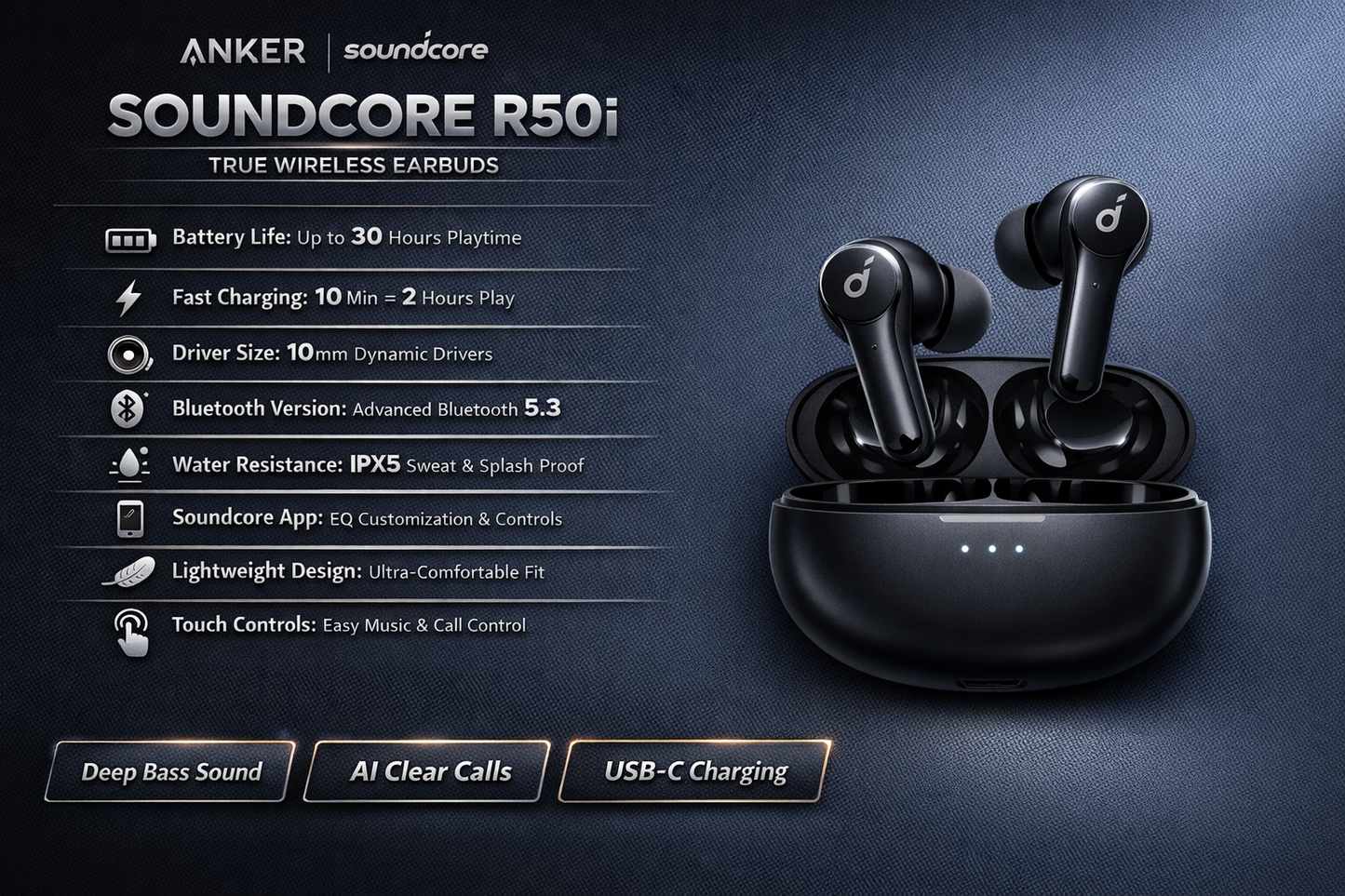 Anker Soundcore R50i TWS Wireless Earbuds Bluetooth 5.3 30H Playtime Deep Bass Original