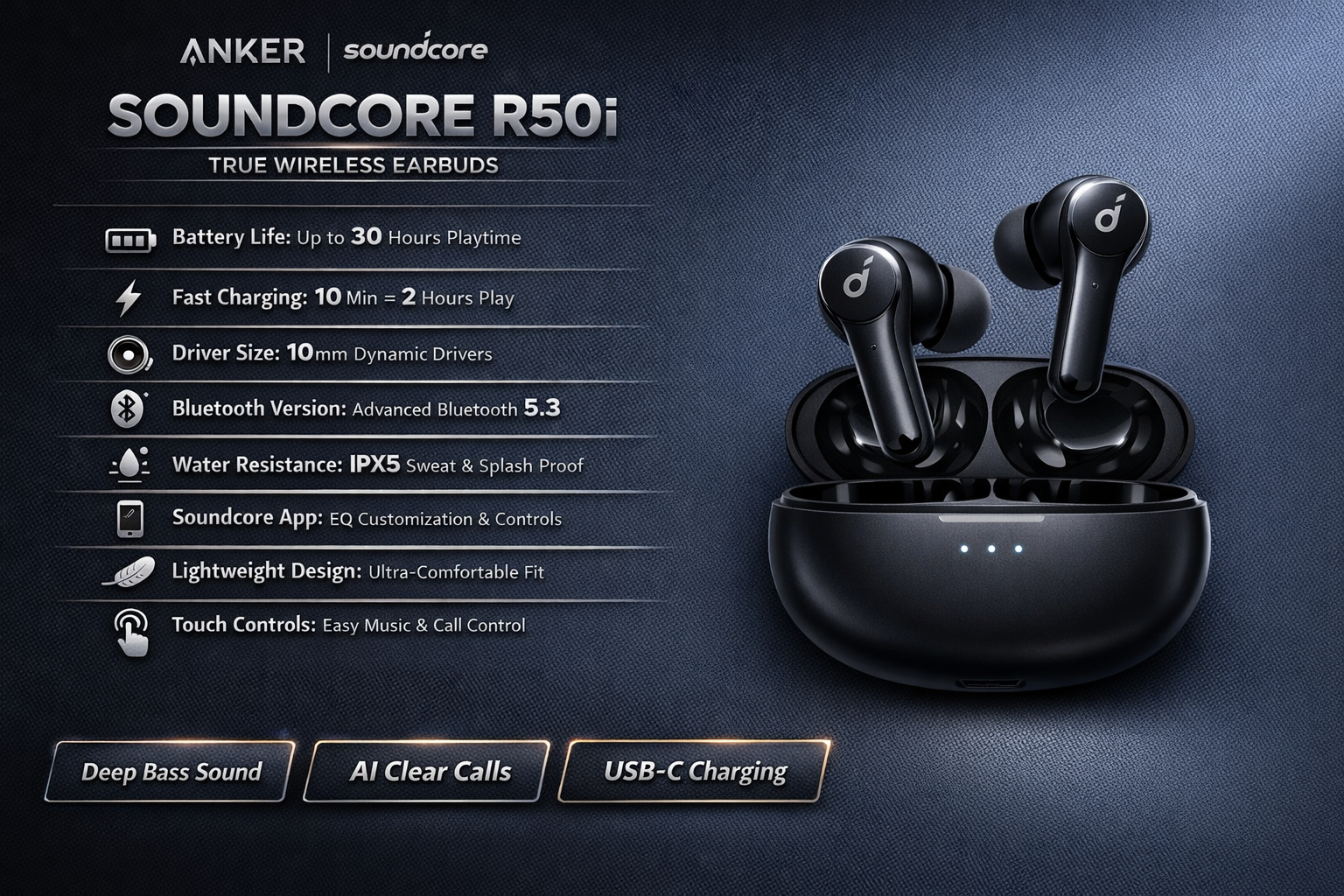 Anker Soundcore R50i TWS Wireless Earbuds Bluetooth 5.3 30H Playtime Deep Bass Original