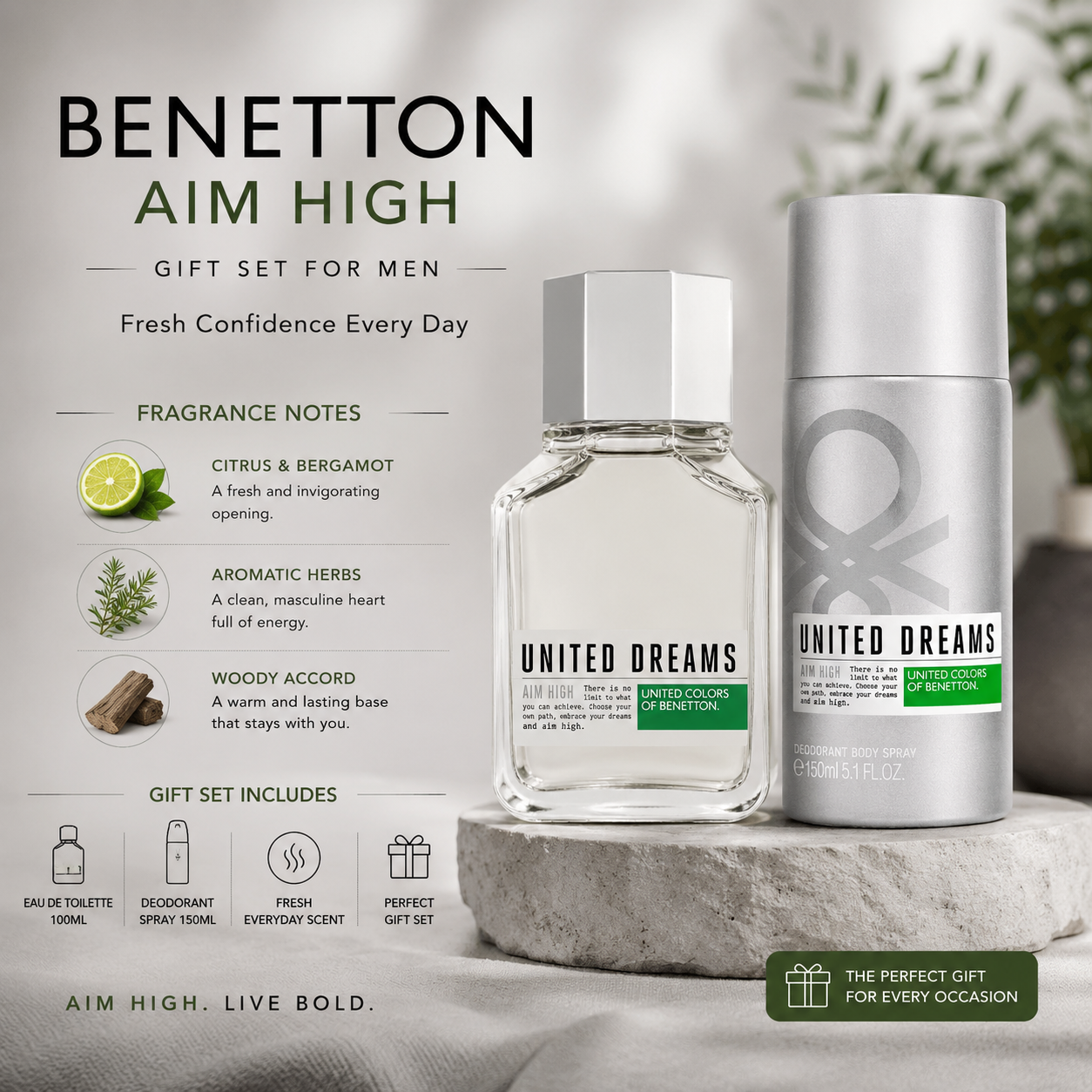 Benetton Aim High Gift Set – EDT 100ml + Deodorant 150ml for Men