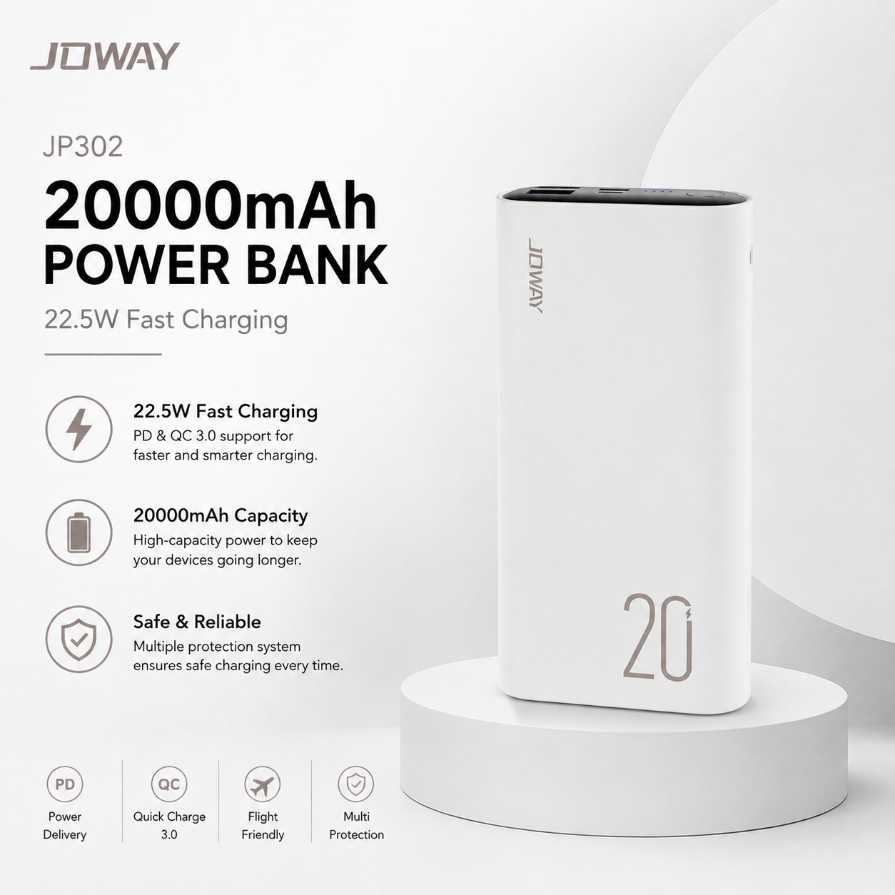 JOWAY JP302 20000mAh Power Bank 22.5W Fast Charging PD QC Portable Charger Original