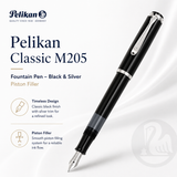 Pelikan Classic M205 Fountain Pen – Black & Silver | Piston Filler | Made in Germany