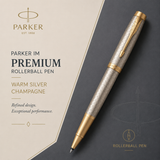 Parker IM Premium Rollerball Pen – Warm Silver Champagne Diamond Pattern Gold Trim (GT)