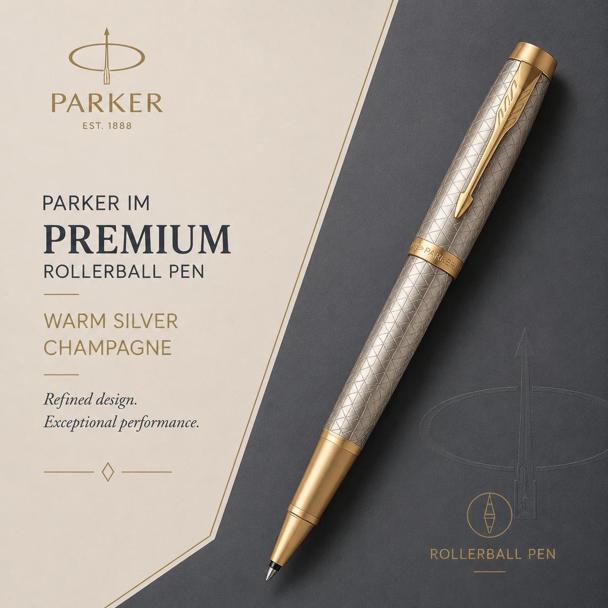 Parker IM Premium Rollerball Pen – Warm Silver Champagne Diamond Pattern Gold Trim (GT)