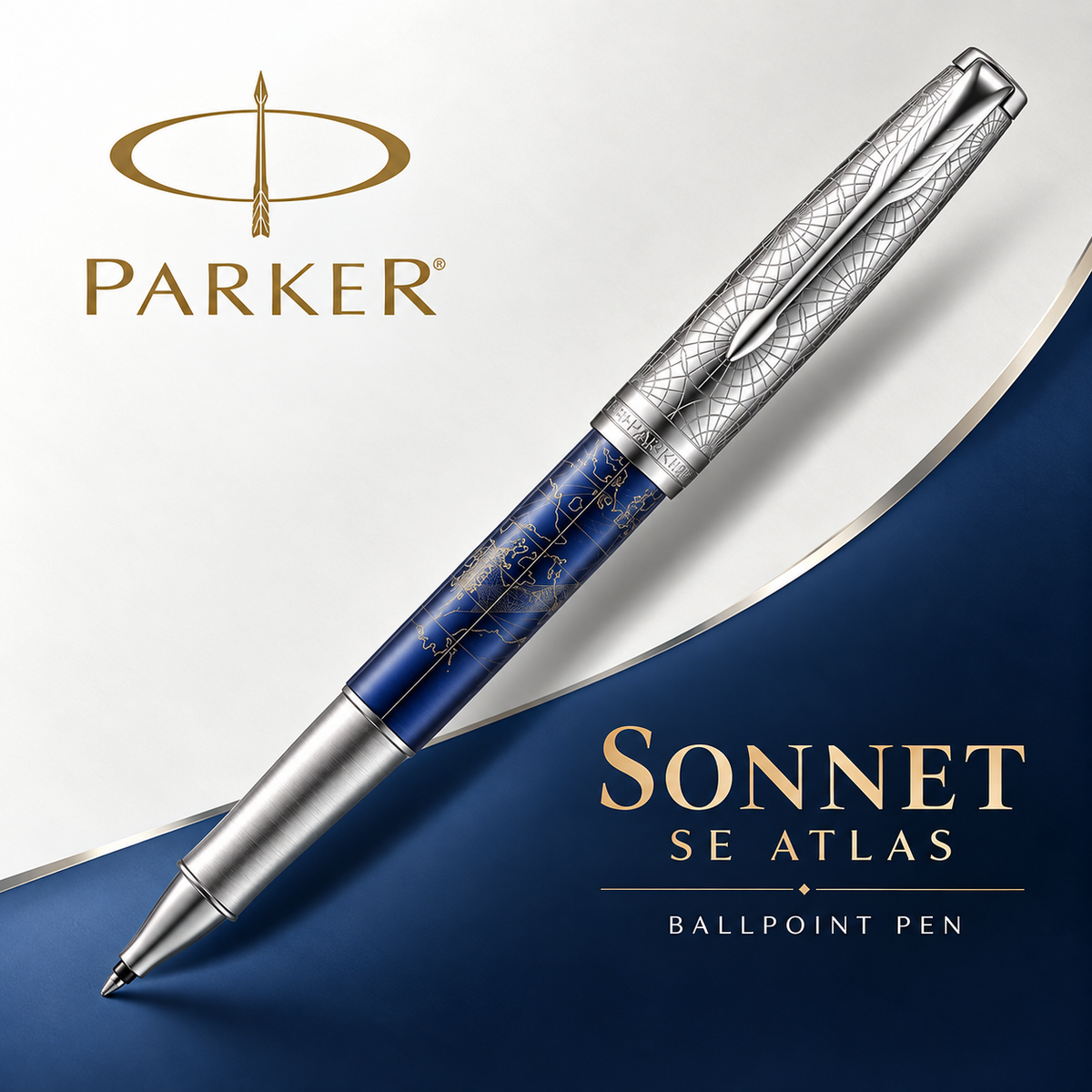 Parker Sonnet SE Atlas Ballpoint Pen – Blue Silver | 18K Gold Nib (Medium)