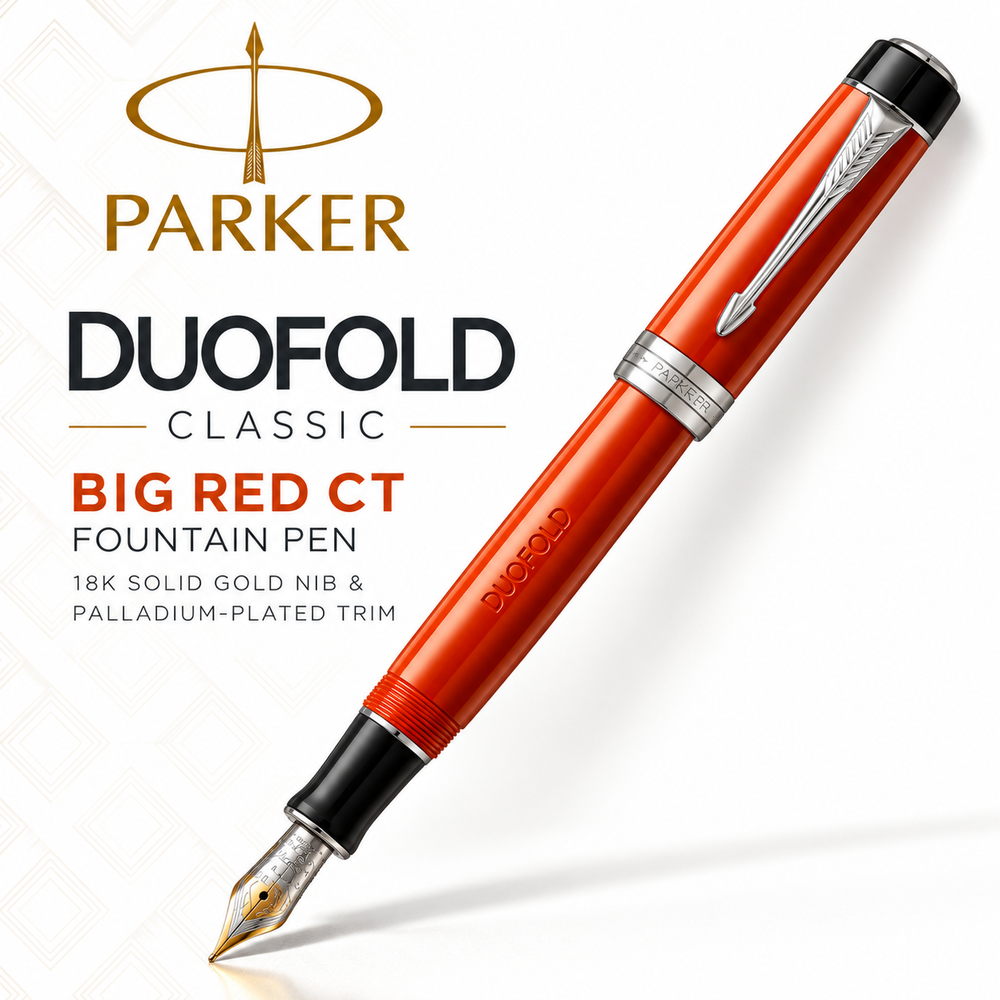 Parker Duofold Classic Big Red CT Fountain Pen - 18K Solid Gold Nib & Palladium-Plated Trim