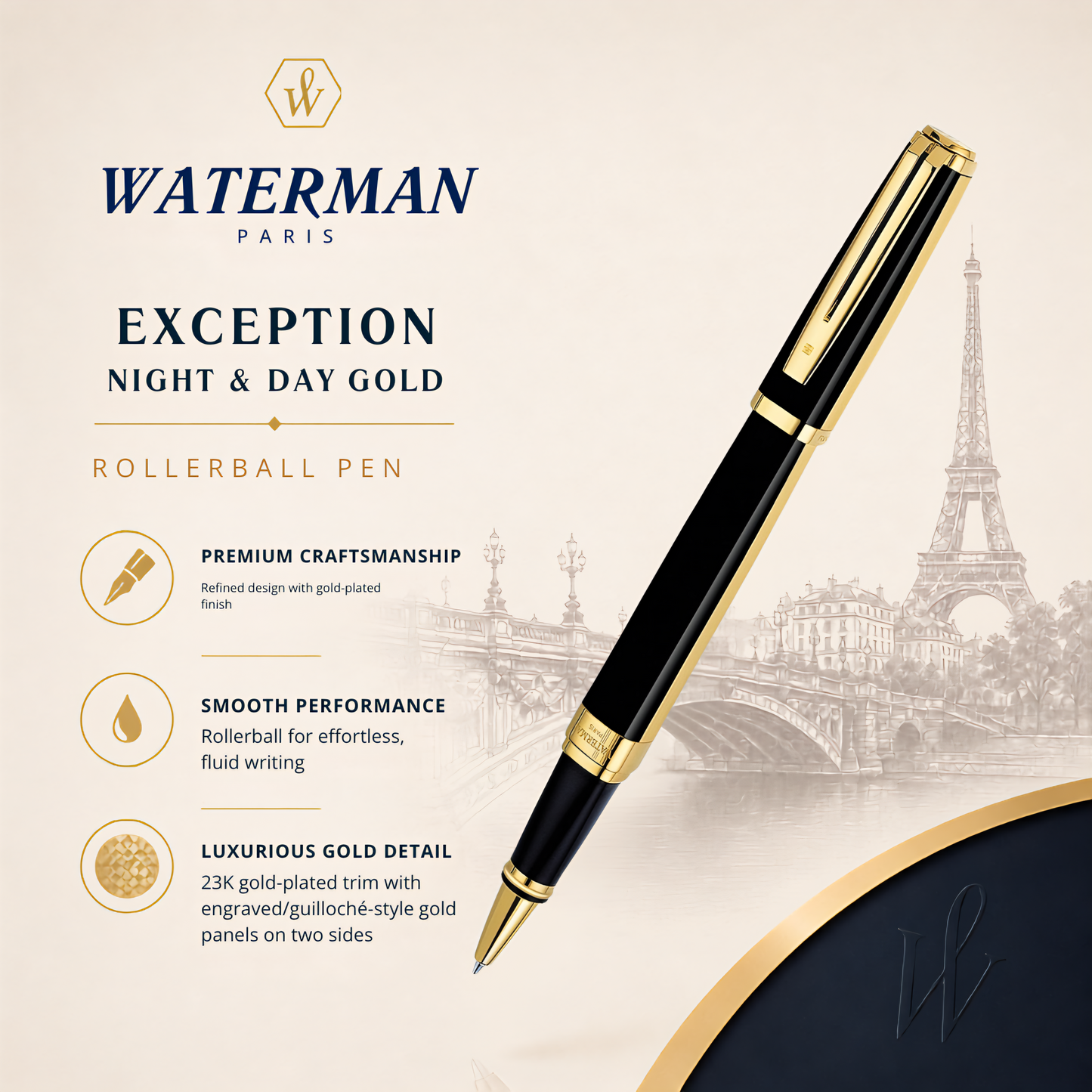 Waterman Exception Night & Day Gold Rollerball Pen | 23K Gold Plated Trim