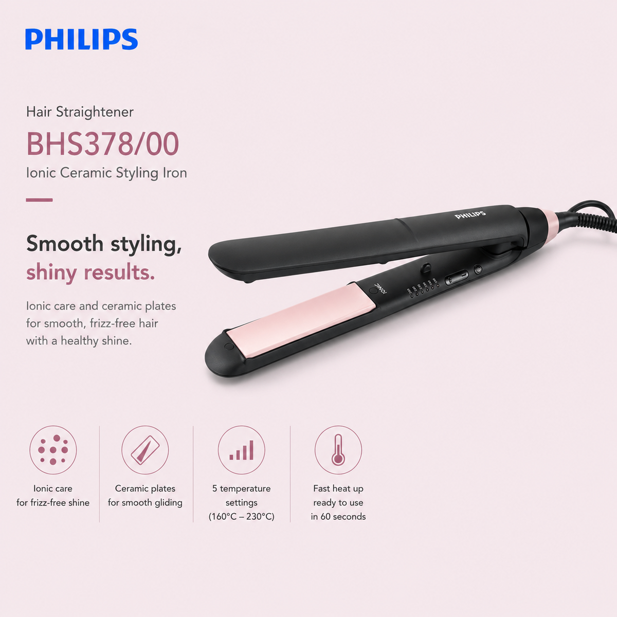 Philips Hair Straightener BHS378/00 – Ionic Ceramic Styling Iron