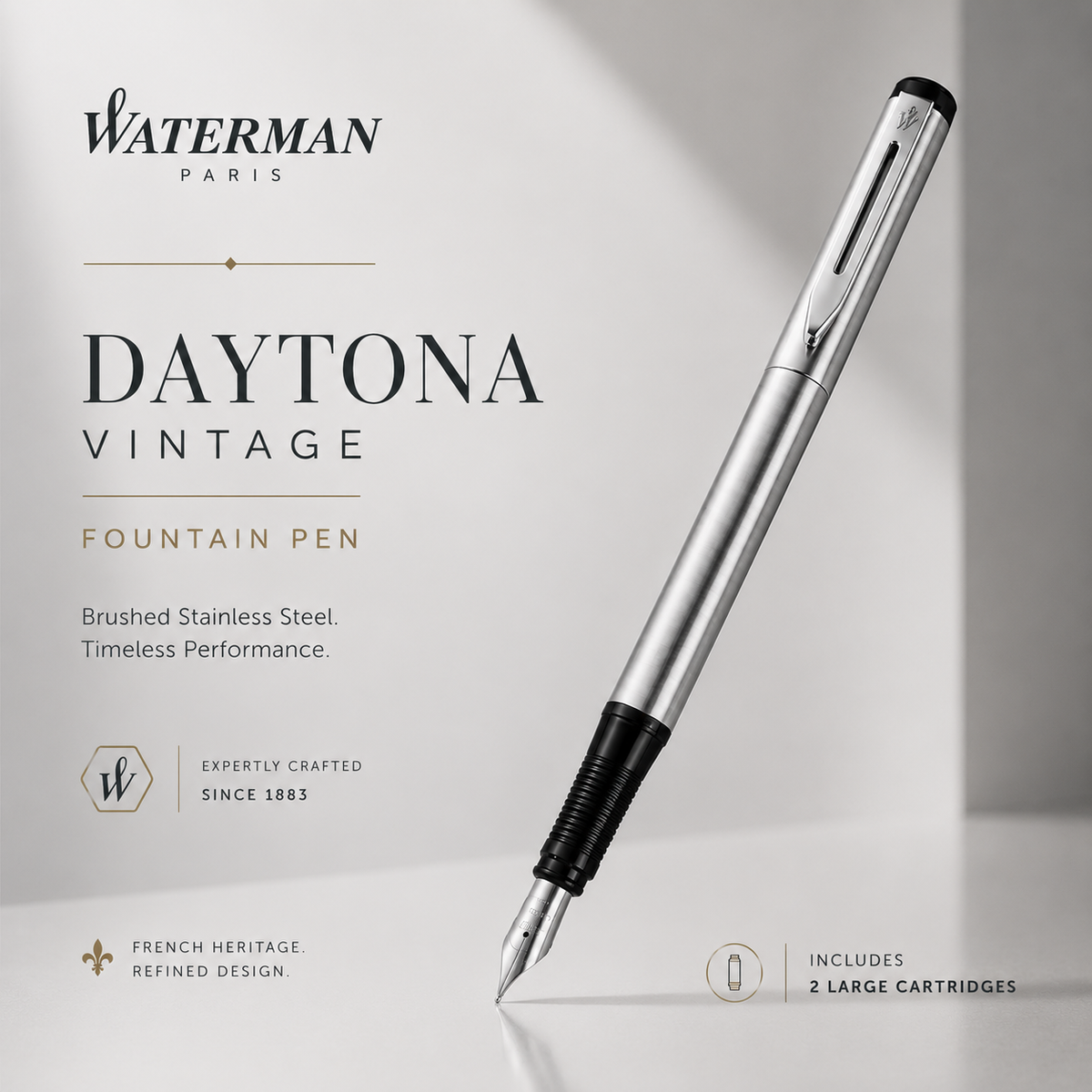 Waterman Daytona Vintage Fountain Pen – Brushed Stainless Steel | Chrome Trim