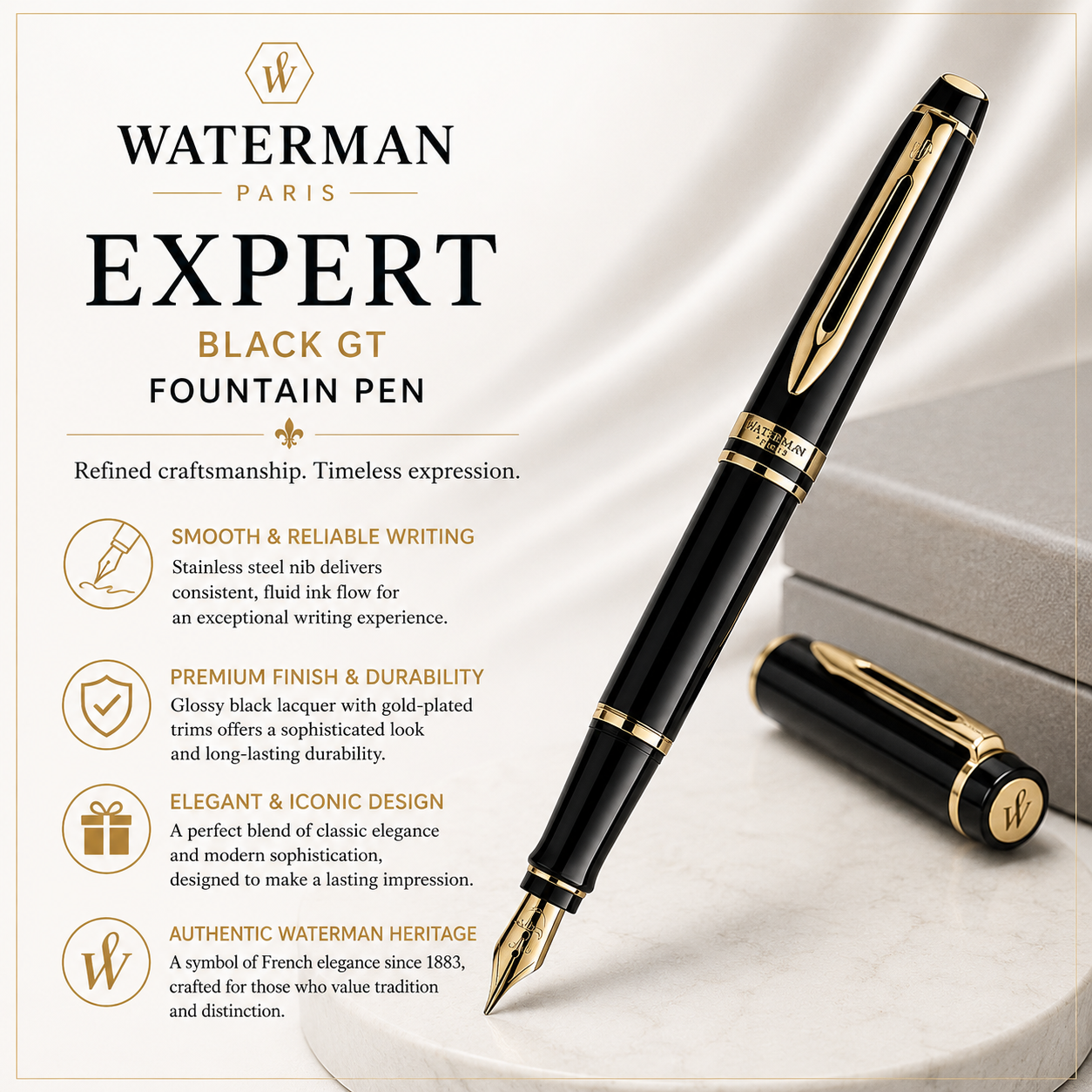 Waterman Expert Black GT Fountain Pen – Premium Writing Instrument