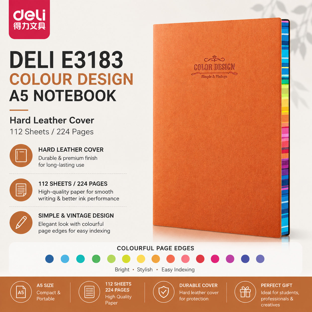 Deli E3183 Colour Design Hard Leather Cover A5 Notebook – 112 Sheets