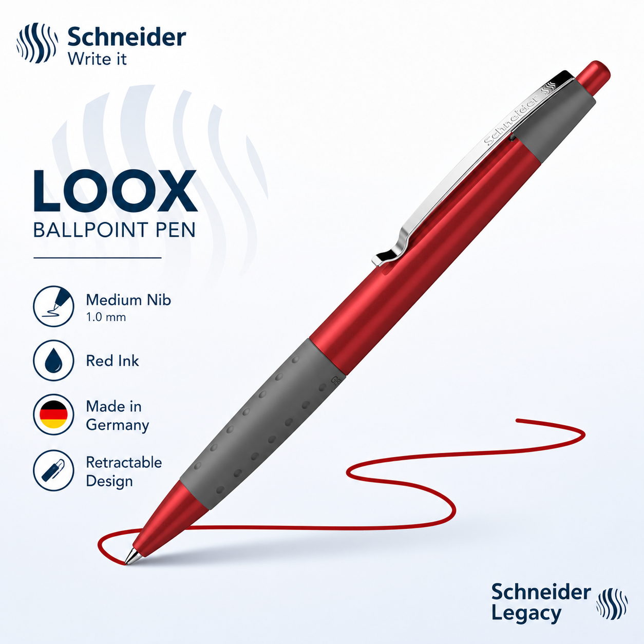 Schneider Loox Ballpoint Pen – Red Ink, Medium Nib, Retractable