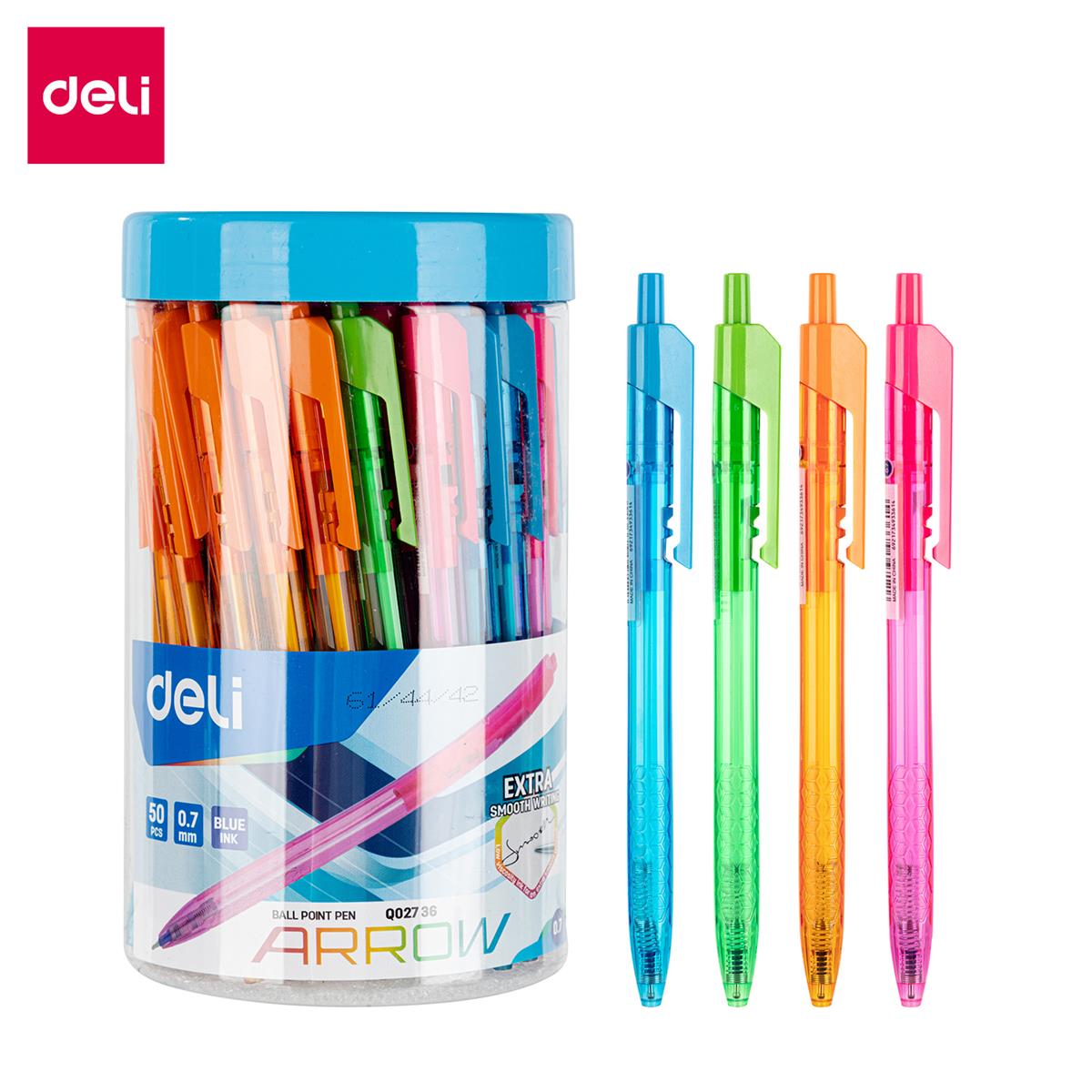 Deli Arrow EQ02736 Retractable Ballpoint Pens – 0.7mm | Blue Ink | Assorted Colours | 50-Piece Jar