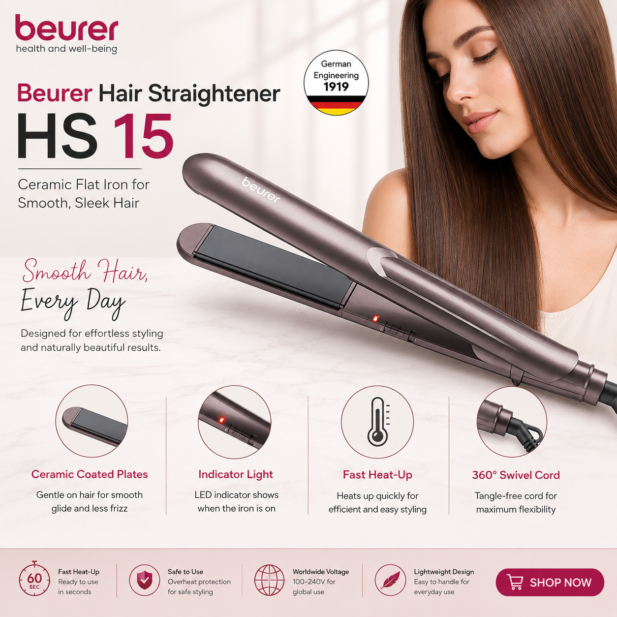 Beurer HS 15 ceramic hair straightener, black flat iron styling tool