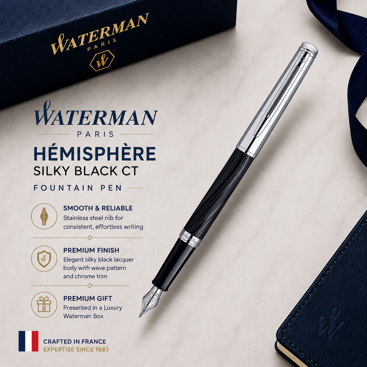 Waterman Hémisphère Fountain Pen – Silky Black CT (Stainless Steel Medium Nib)