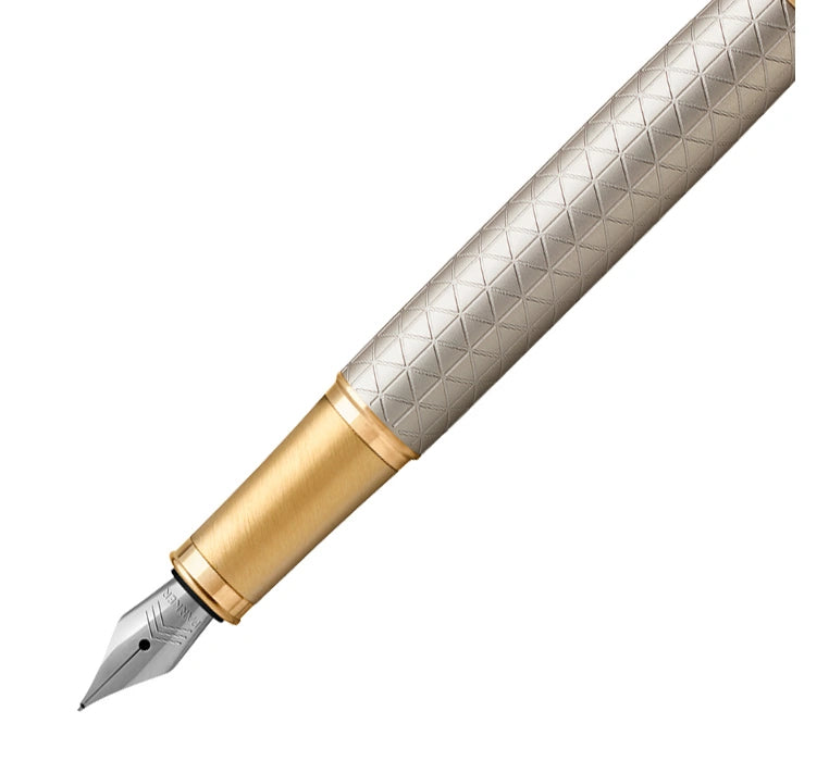 Parker IM Premium Fountain Pen – Warm Silver Champagne Diamond Pattern Gold Trim